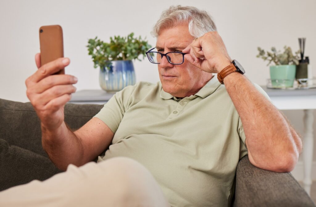 An older adult sitting on a sofa adjusts his reading glasses to see his phone better.