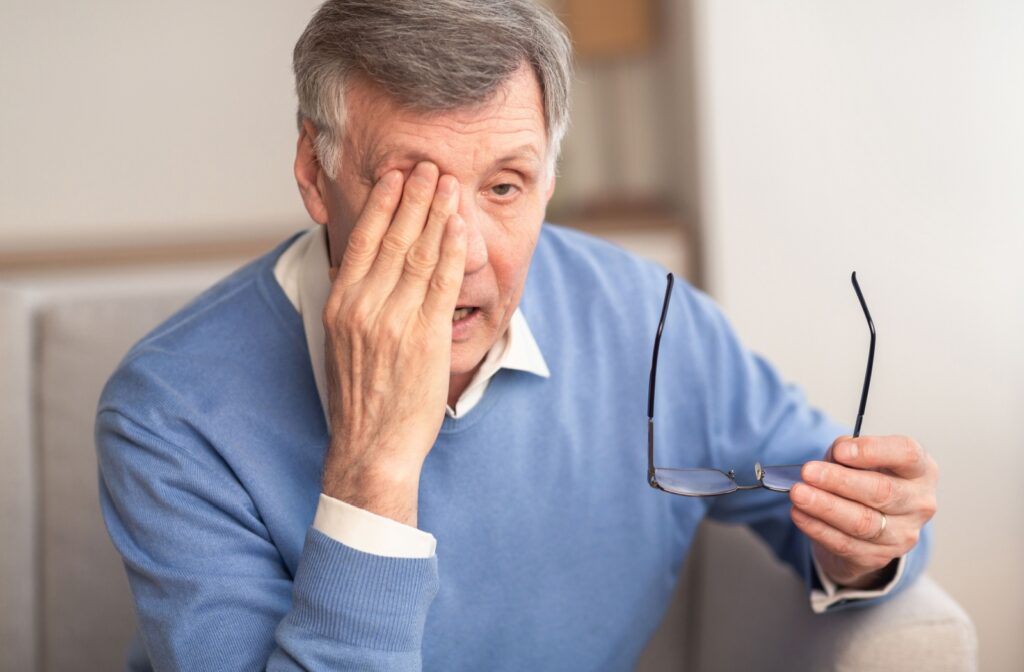 An older adult in a blue sweater holding their glasses and rubbing their eye, showing discomfort.