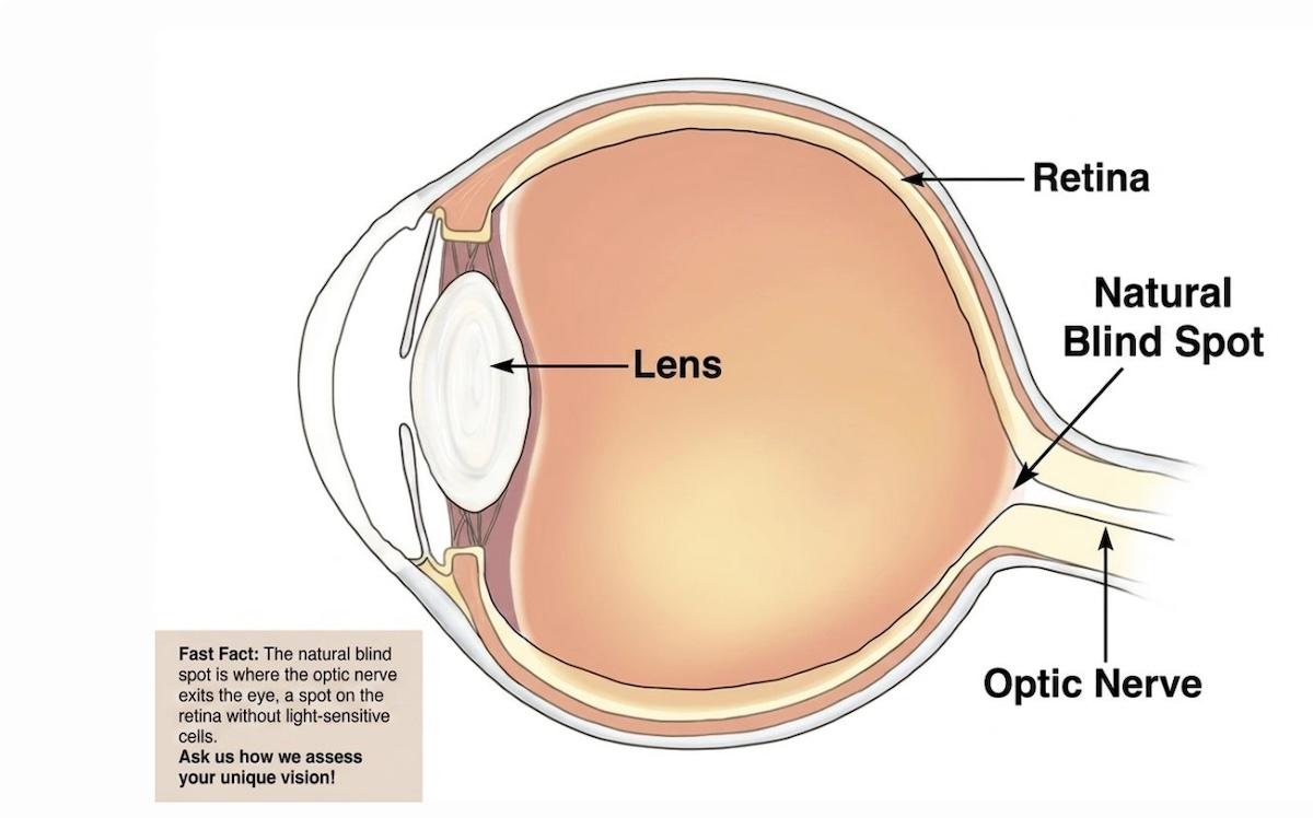 A infographic showing an eyeball and where the natural blind spot in vision is in relation to the optic nerve.