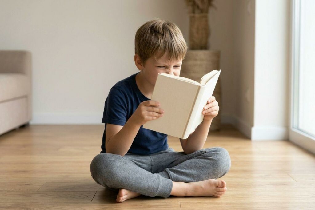 A child sits cross-legged on a wooden floor, squinting as they hold an open book very close to their face.