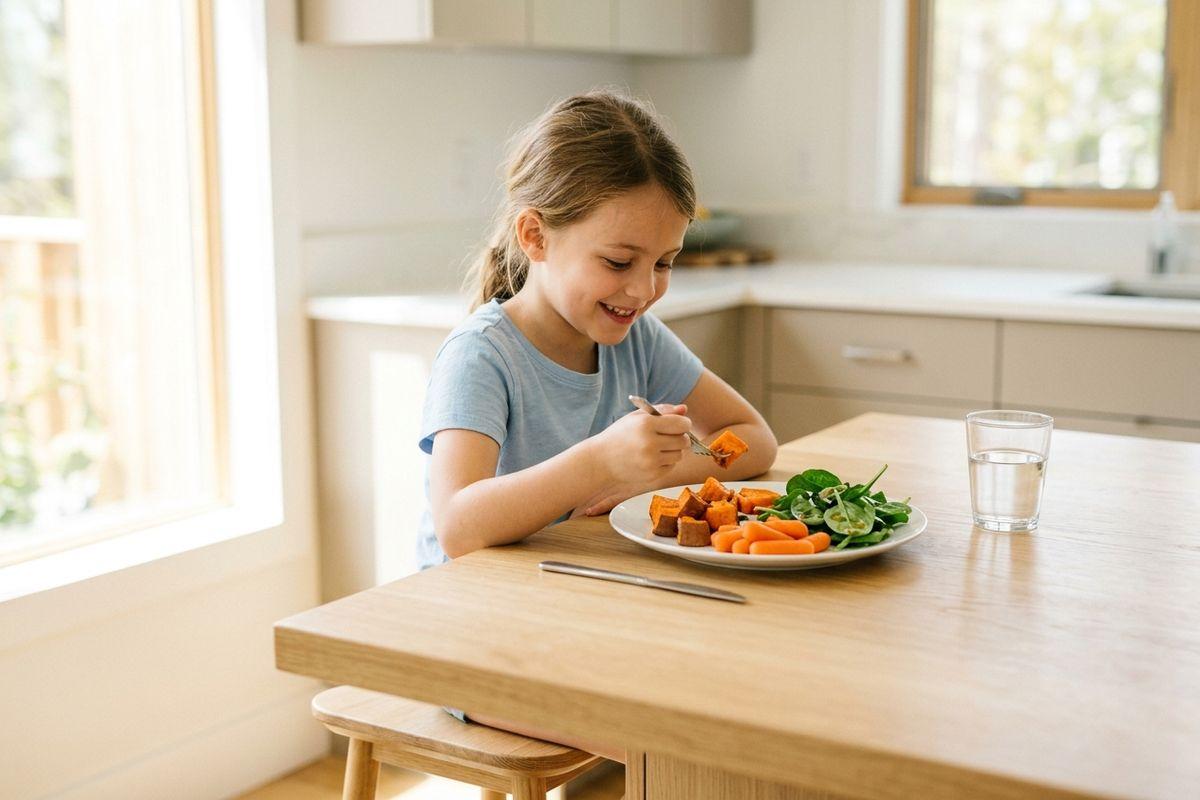 Smiling child sits at a kitchen table, using a fork to eat from a plate of sweet potatoes, carrots, and spinach.