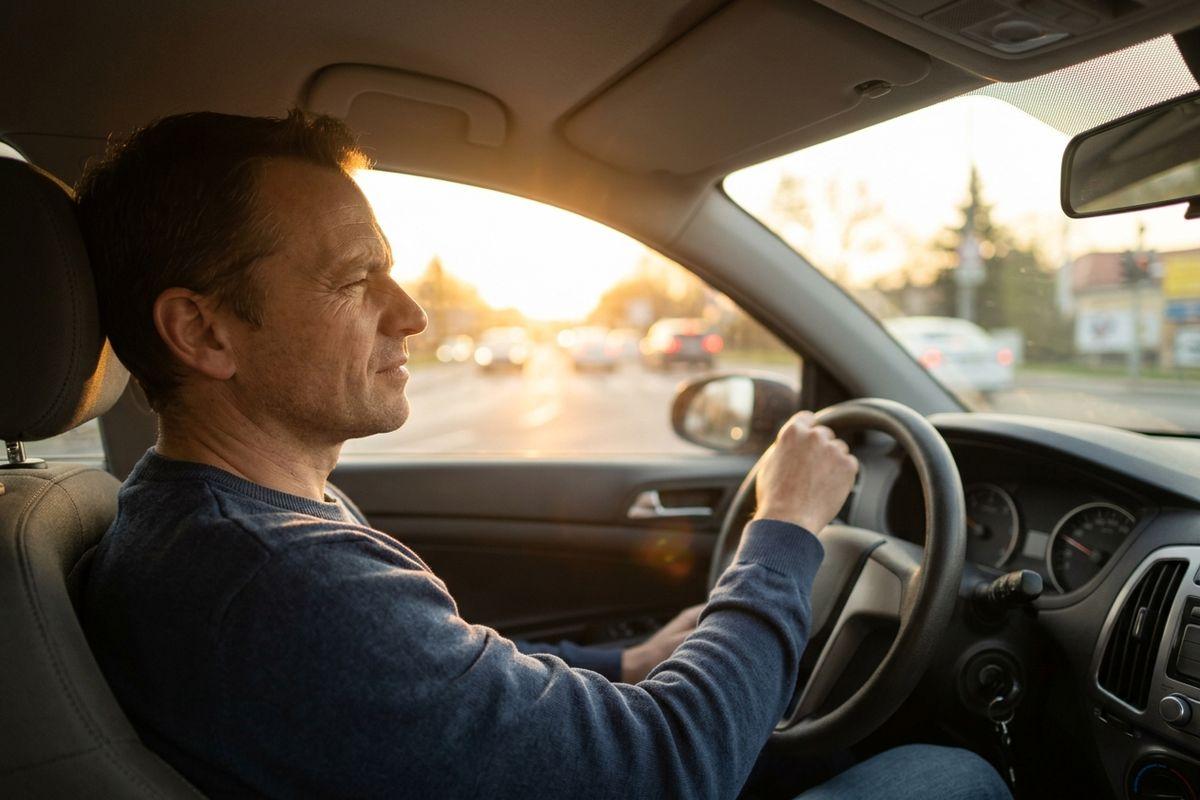 A focused adult driving a car, holding the steering wheel and looking ahead at traffic in bright sunlight.