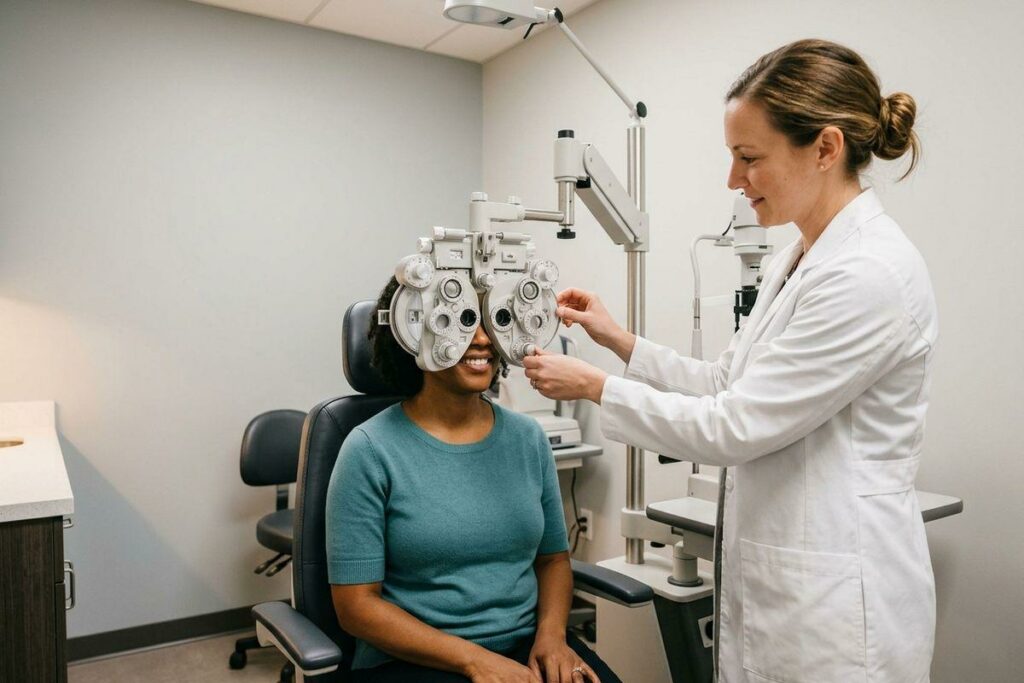 A smiling optometrist adjusts a phoropter in front of a seated adult patient's face in an eye exam room.