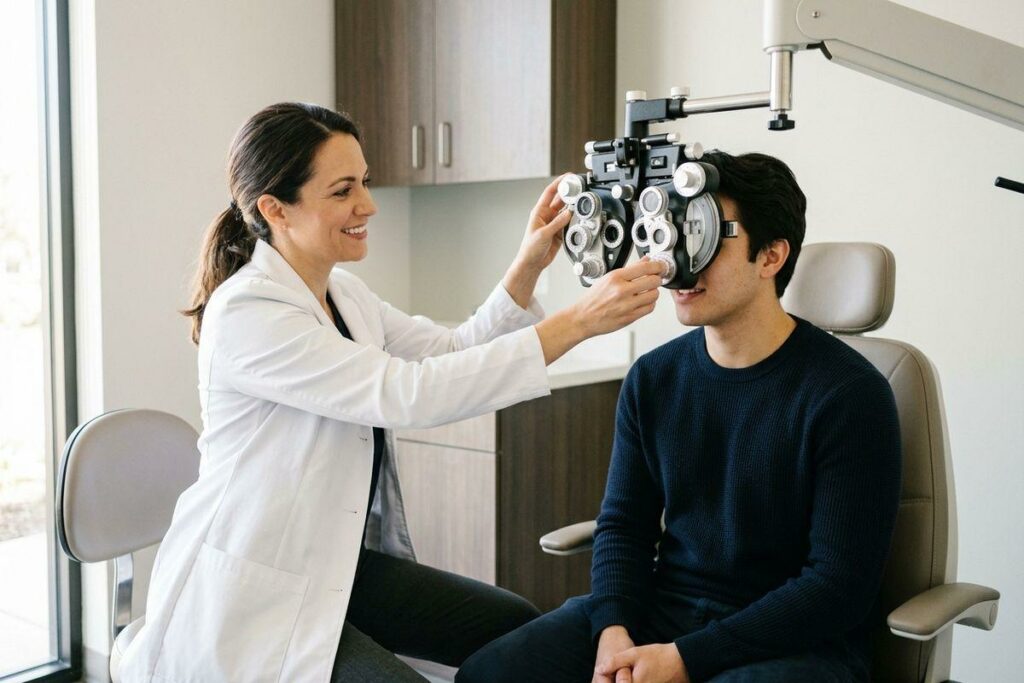 A smiling optometrist in a clinic adjusts a phoropter for an adult patient seated in an exam chair.