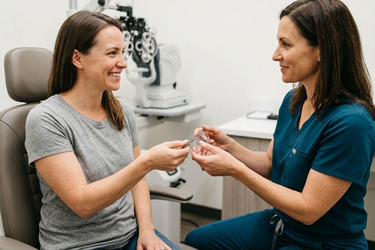 An optometrist hands eyeglasses to a smiling adult patient seated in an eye exam chair.