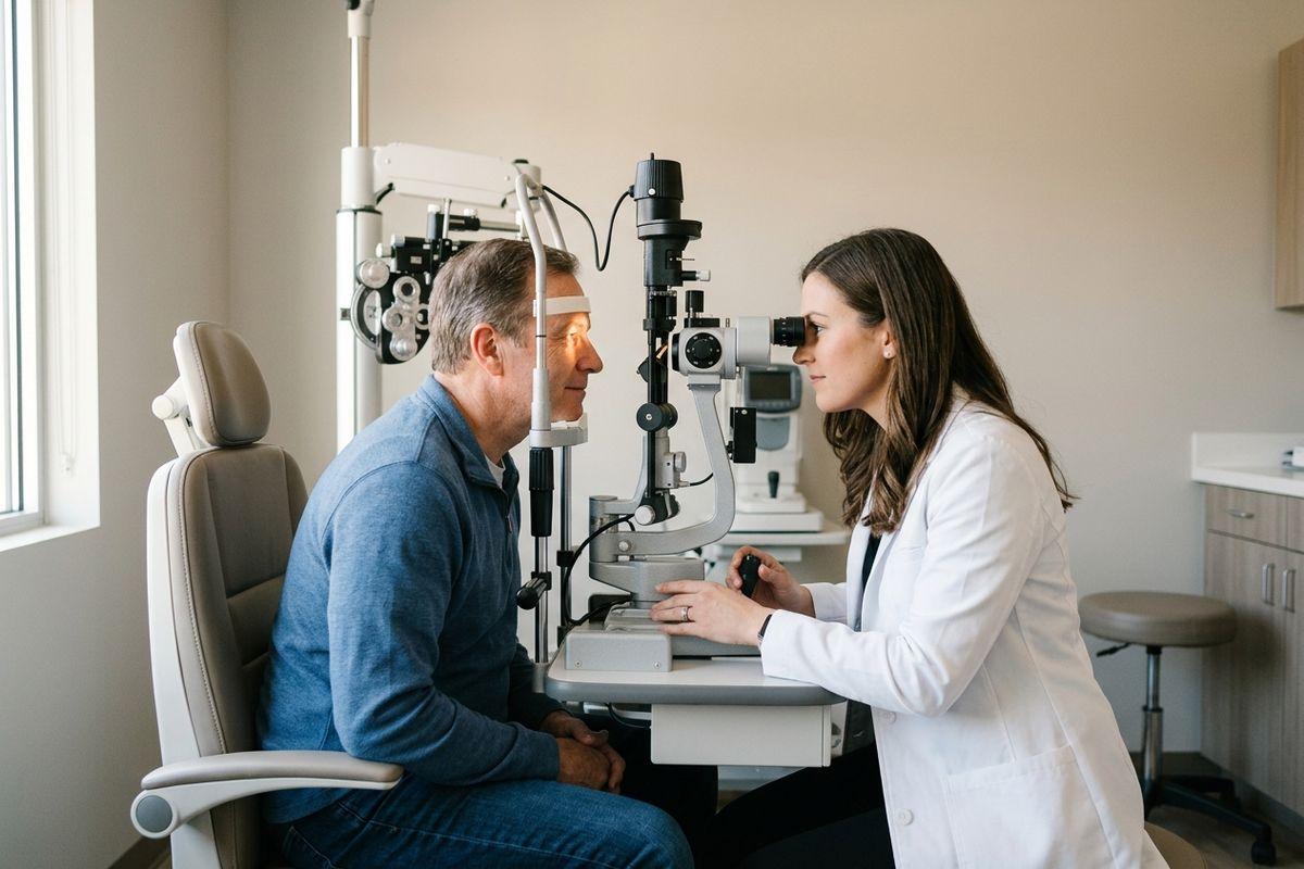 A focused optometrist uses a slit lamp to examine a seated adult patient's eye in a clinic. The patient's chin rests on the machine.