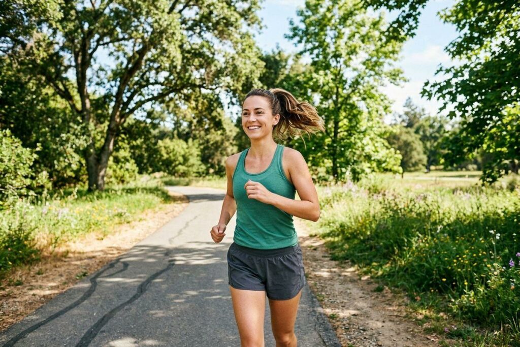 A smiling adult in a green tank top and dark shorts jogging on a paved path through a sunny, tree-lined park.